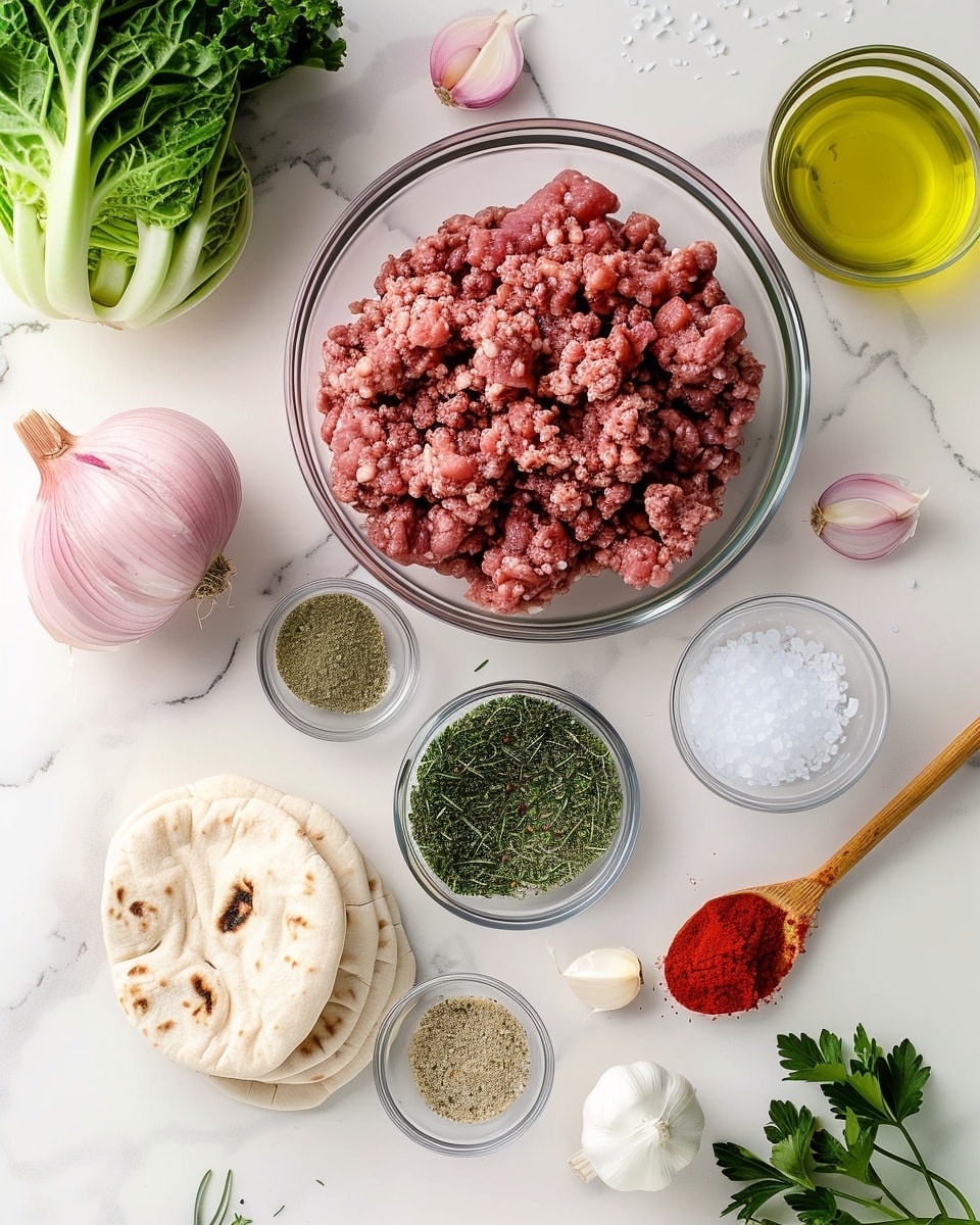 Single white plate holding one generous portion of a stuffed pita wrap sliced to reveal layers of tender, spiced beef folded neatly inside soft pita bread, accompanied by fresh green lettuce, thin slices of red onion, crisp pickles, and creamy white sauce dolloped inside, close-up angle emphasizing the textured interior and vibrant fillings, natural lighting on white marble surface, styled as a ready-to-eat plated serving photo taken with an iphone --ar 4:5 --v 7