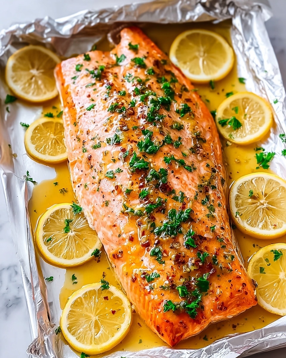 Whole large baked salmon fillet on white foil-lined white rectangular baking tray, glazed with golden lemon butter sauce and sprinkled fresh chopped parsley, garnished with whole lemon slices neatly arranged around the salmon, whole dish captured from a 3/4 angle on pristine white marble background with natural lighting, professional food magazine hero shot photo taken with an iphone --ar 4:5 --v 7