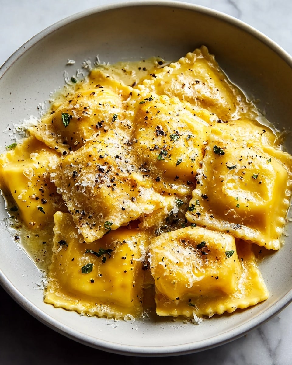 Large white serving bowl filled with a generous portion of freshly made ravioli pasta, each square-shaped piece coated in a rich, creamy golden sauce, sprinkled with freshly grated Parmesan and cracked black pepper, whole dish showcased with a natural, glossy finish, photographed from a 3/4 angle on a white marble surface with soft natural lighting, styled as a high-end food magazine hero shot, photo taken with an iphone --ar 4:5 --v 7