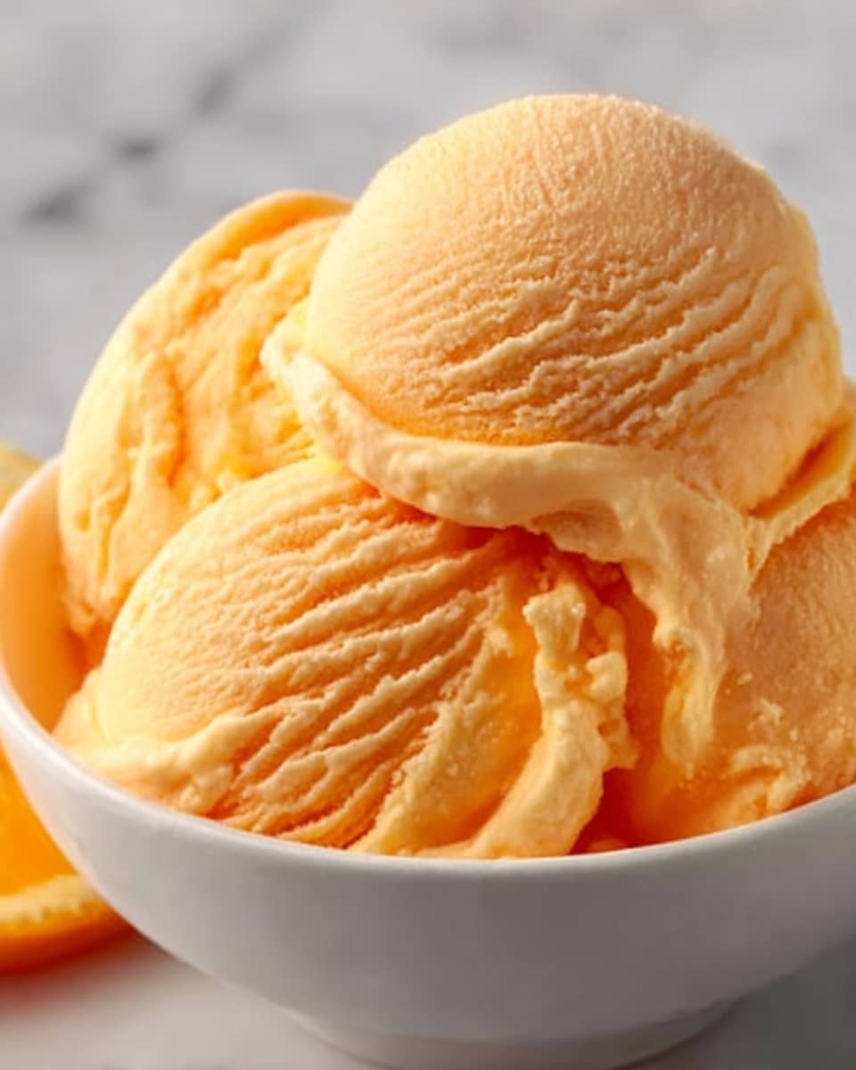 A pristine white bowl filled to the brim with several scoops of smooth, creamy orange sherbet, each scoop perfectly rounded and showing delicate swirls and ridges, emitting a refreshing and inviting appearance. The sherbet’s vibrant hue contrasts beautifully with the crisp white bowl, all placed centrally on a white marble surface. The setup is illuminated by soft natural lighting that highlights the texture and subtle gloss of the sherbet, capturing a professional, appetizing hero shot from a 3/4 angle, photo taken with an iphone --ar 4:5 --v 7