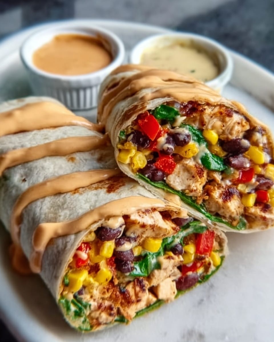 Large white oval serving plate holding two whole soft flour tortillas tightly wrapped as burritos, packed generously with seasoned grilled chicken, black beans, vibrant yellow corn, red bell peppers, and fresh spinach leaves, drizzled with creamy melted cheese sauce, accompanied by small white ramekins of dipping sauces beside the burritos, all presented on a white marble surface with natural lighting, professional 3/4 angle food magazine style photo taken with an iphone --ar 4:5 --v 7