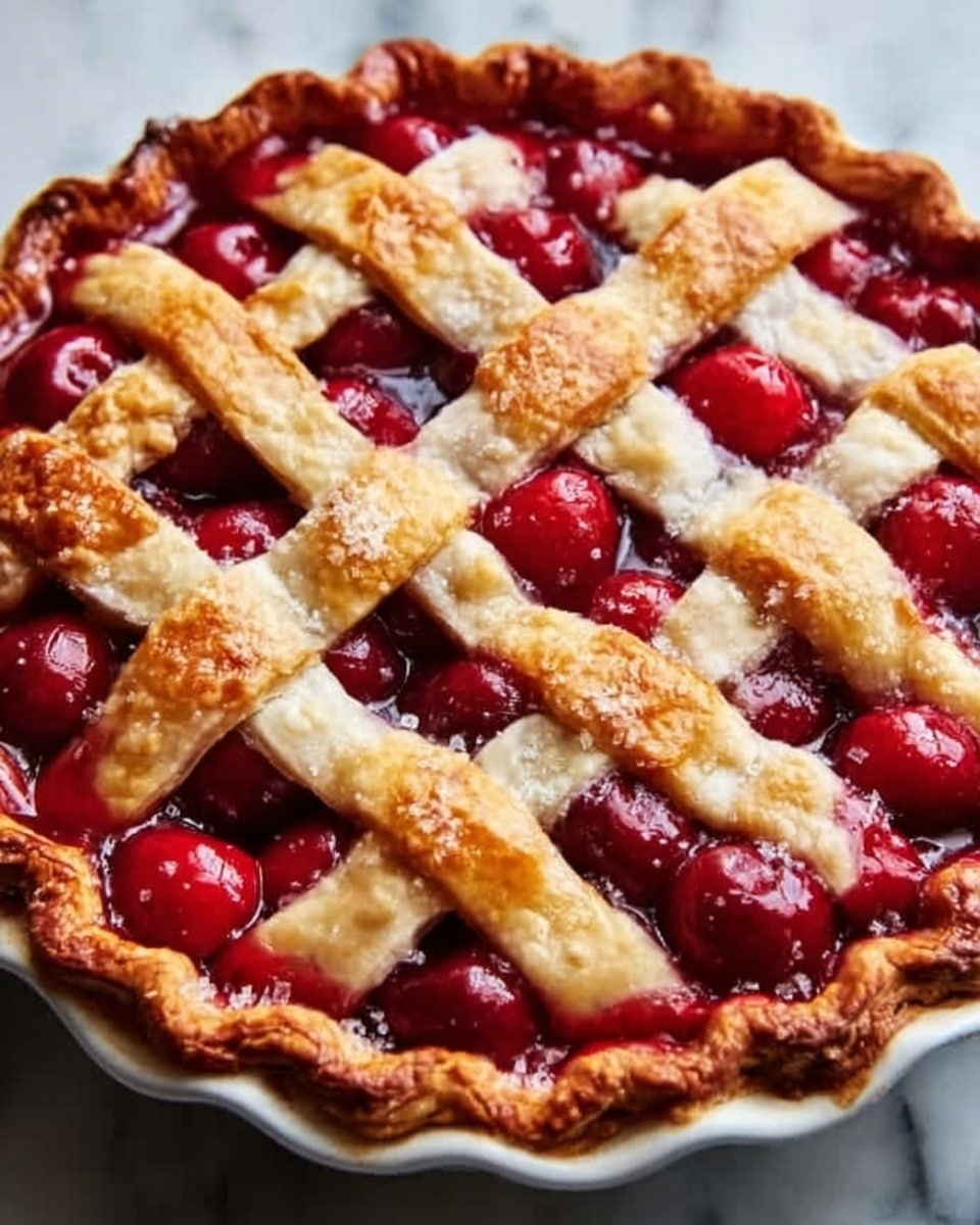Full cherry pie in a white ceramic pie dish, showcasing a golden lattice crust woven evenly on top with glossy, plump whole cherries peeking through each gap, the crust perfectly baked with light sprinkling of coarse sugar crystals catching the natural light, all set on a white marble surface with bright natural lighting, styled as a professional overhead hero food shot, photo taken with an iphone --ar 4:5 --v 7