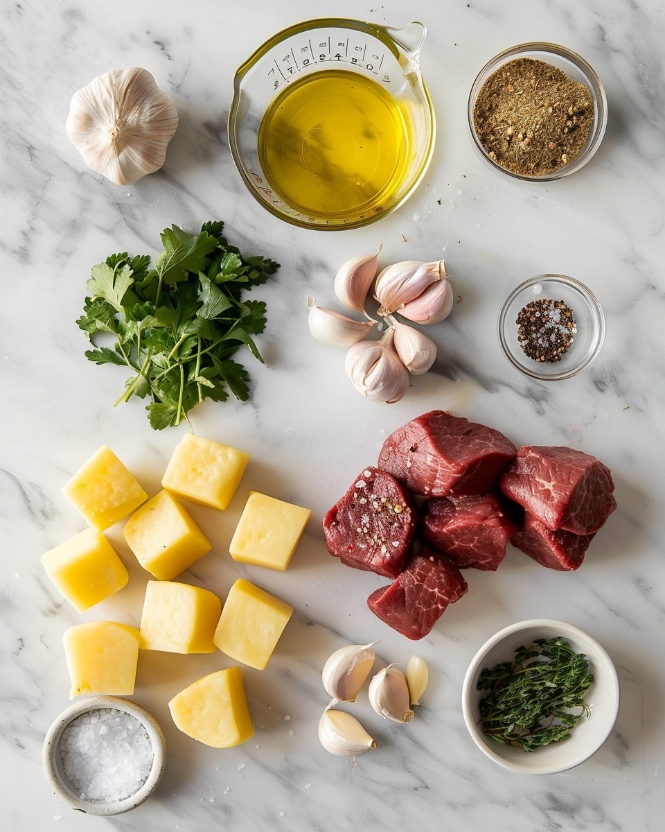 Single white plate featuring a plated portion of juicy, tender grilled beef cubes alongside golden roasted baby potatoes, garnished with finely chopped fresh parsley for a pop of color, close-up angled shot highlighting the caramelized exterior and moist interior texture of the beef, the crispy skin and soft, fluffy inside of the potatoes clearly visible, natural lighting enhancing the rich browns and yellows, all set on a white marble background, intimate plated serving photo taken with an iphone --ar 4:5 --v 7