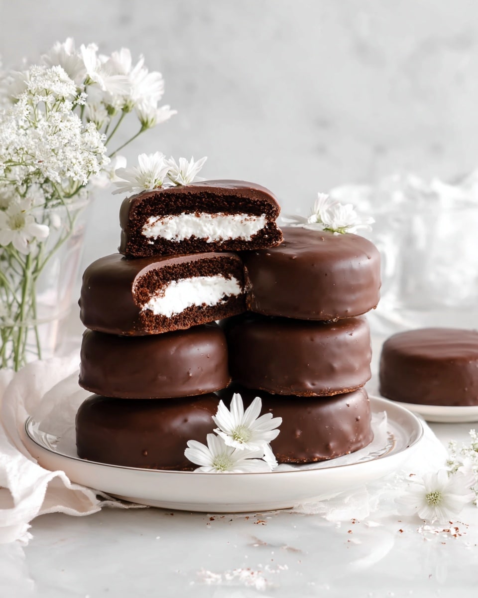 A white plate filled with a neat stack of whole chocolate-coated cakes, each with a smooth, glossy chocolate finish, showcasing rich dark chocolate enclosing a fluffy white cream center, arranged with delicate white flowers for an elegant touch, photographed at a 3/4 angle on a white marble background with natural lighting, professional food magazine style photo taken with an iphone --ar 4:5 --v 7