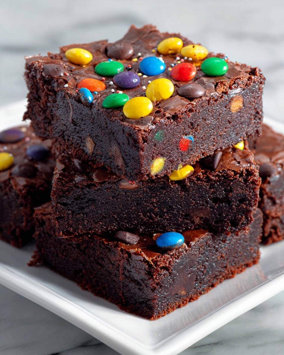 A large rectangular white baking pan filled with a rich, dense chocolate fudge brownie slab topped with a smooth, glossy layer of chocolate ganache, sprinkled evenly with colorful candy-coated chocolate drops, whole uncut brownie photographed from a 3/4 angle on a white marble countertop, natural lighting, professional food styling photo taken with an iphone --ar 4:5 --v 7