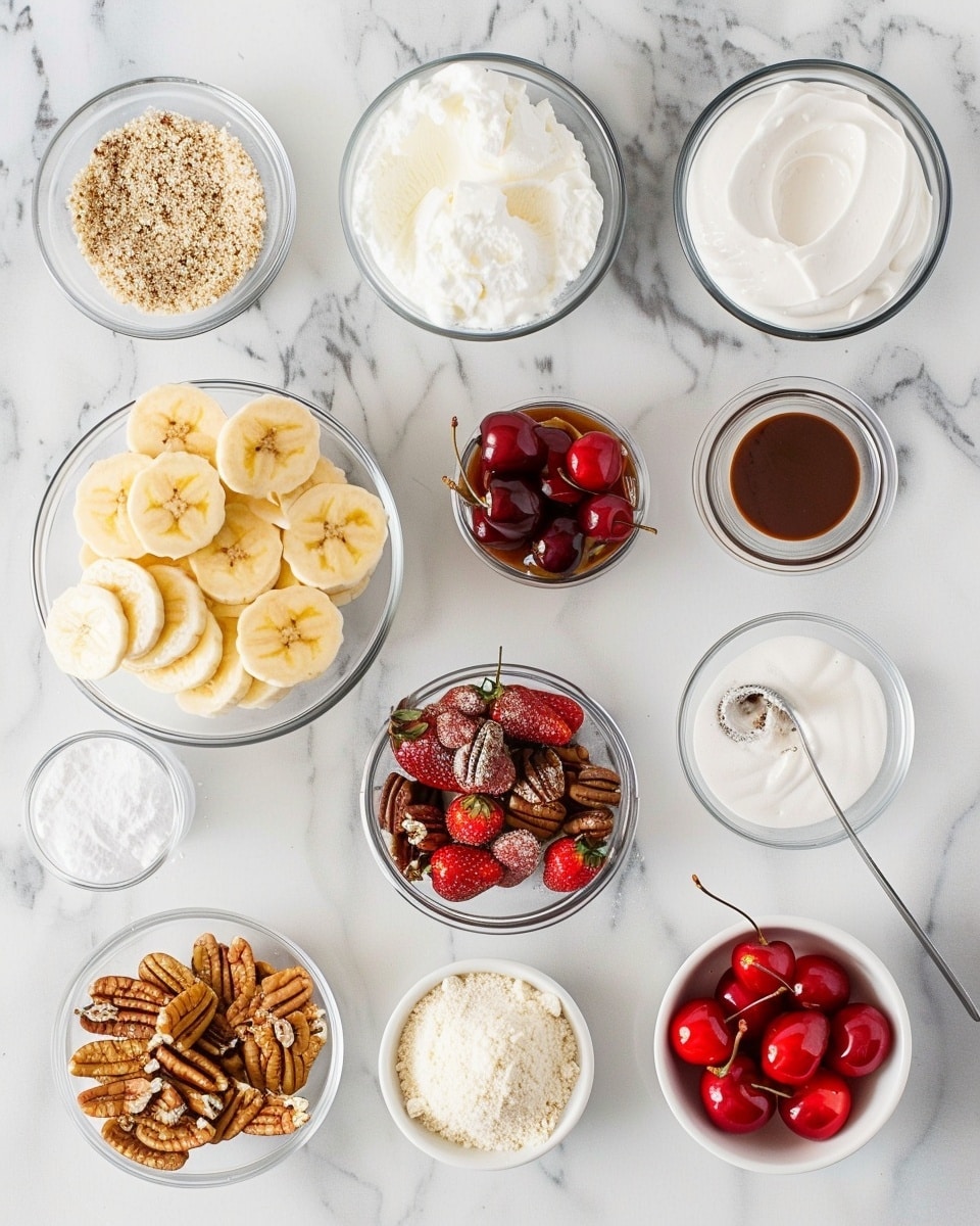 Single white plate holding one slice of layered banana split dessert with a thick golden graham cracker crust base, creamy banana custard layer, bright chopped strawberry and cherry filling, topped with a fluffy whipped cream layer drizzled artistically with chocolate syrup, scattered crunchy pecans, and a shiny maraschino cherry centerpiece, close-up angled view revealing distinct layers and textures, positioned on white marble surface with natural lighting, styled food blog serving photo taken with an iphone --ar 4:5 --v 7