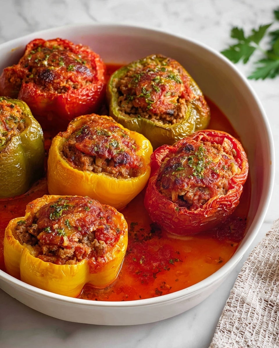 Large white ceramic baking dish filled with a full batch of stuffed bell peppers and tomatoes, each pepper and tomato generously packed with a savory mixture of ground meat, rice, herbs, and tomato sauce, the vegetables arranged neatly and cooked to a tender, rich finish with slightly blistered skins, vibrant red sauce pooling gently at the bottom, photographed from a 3/4 angle on a white marble countertop with natural lighting, styled as a hero shot from a food magazine, photo taken with an iphone --ar 4:5 --v 7