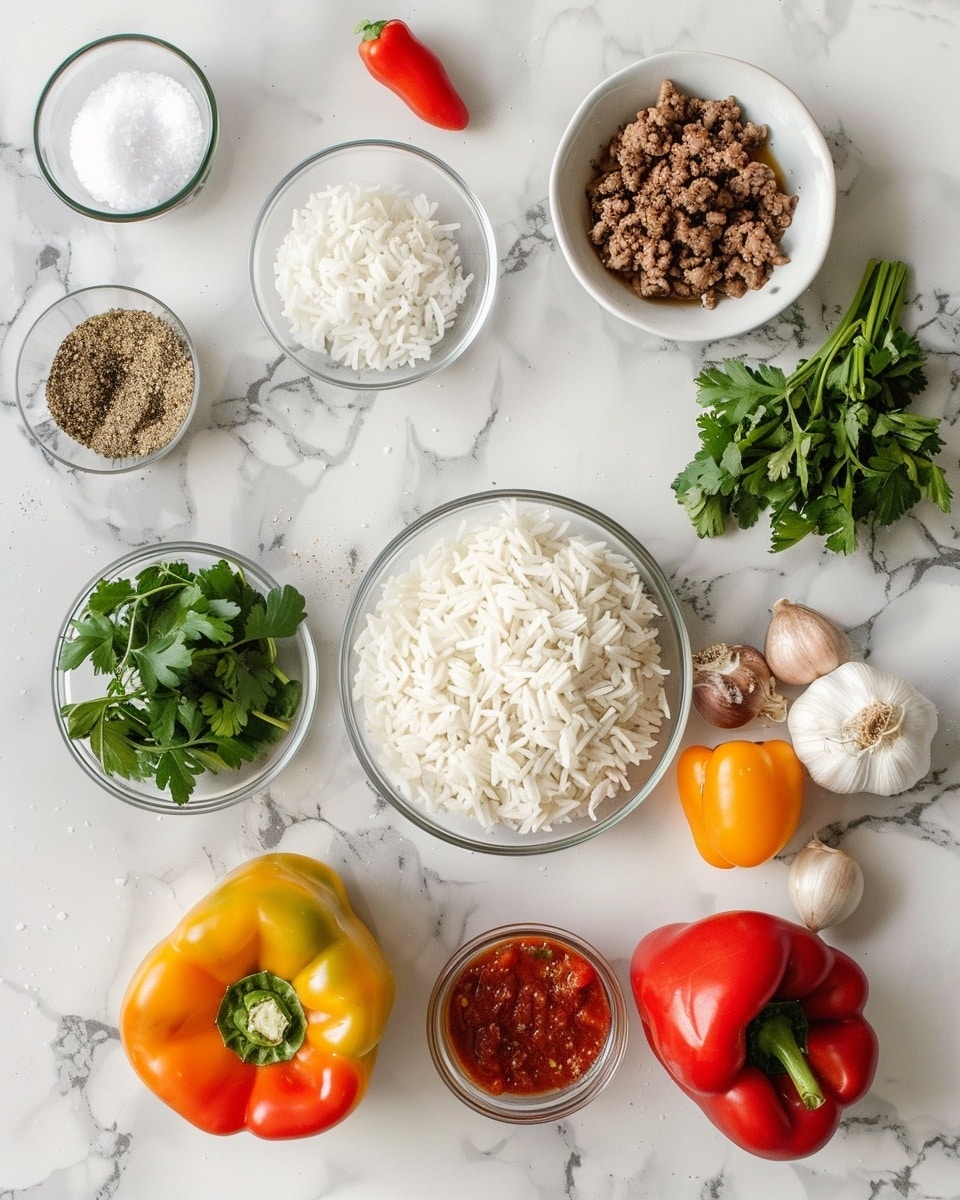 Single white plate with one stuffed bell pepper sliced in half, showing the hearty filling of ground meat, rice, finely chopped vegetables, and tomato sauce with visible herbs and spices, warm tomato sauce pooling beneath, close-up angled view highlighting the juicy textures and layers of the filling, natural lighting on white marble surface, styled as a ready-to-eat single serving from a food blog, photo taken with an iphone --ar 4:5 --v 7