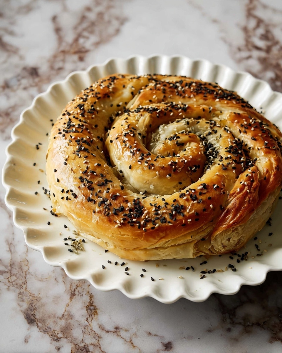 Whole round spiral-shaped pastry on a large white scalloped plate, golden-brown flaky crust generously sprinkled with black sesame seeds, arranged neatly to showcase the full uncut form of this traditional baked dish, photographed from a 3/4 angle on a white marble countertop with natural lighting, styled as a hero food shot in a professional magazine style, photo taken with an iphone --ar 4:5 --v 7
