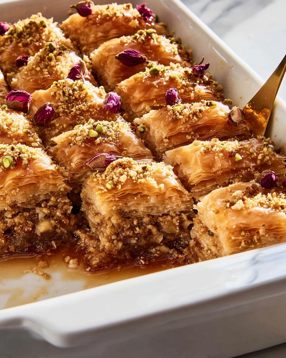 Full rectangular white baking dish filled with whole baklava showcasing multiple layers of golden, crisp phyllo dough stacked evenly, generously packed with finely chopped nuts, and drizzled with rich honey syrup, garnished with crushed nuts and decorative dried rose buds, captured from a 3/4 angle on a white marble countertop with natural lighting, professional food magazine hero shot photo taken with an iphone --ar 4:5 --v 7
