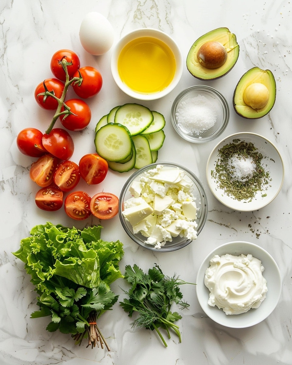 Single white plate with a fresh, plated serving of chopped Greek salad featuring vibrant layers of crisp romaine lettuce, diced cucumbers, halved cherry tomatoes, sliced kalamata olives, creamy crumbled feta cheese, and tender artichoke hearts, topped with thinly sliced red onions and ripe avocado slices, drizzled with creamy peppered dressing visible pooling slightly on the greens, natural light highlighting the varied textures and colors, placed on a white marble surface, styled like a food blog close-up photo taken with an iphone --ar 4:5 --v 7