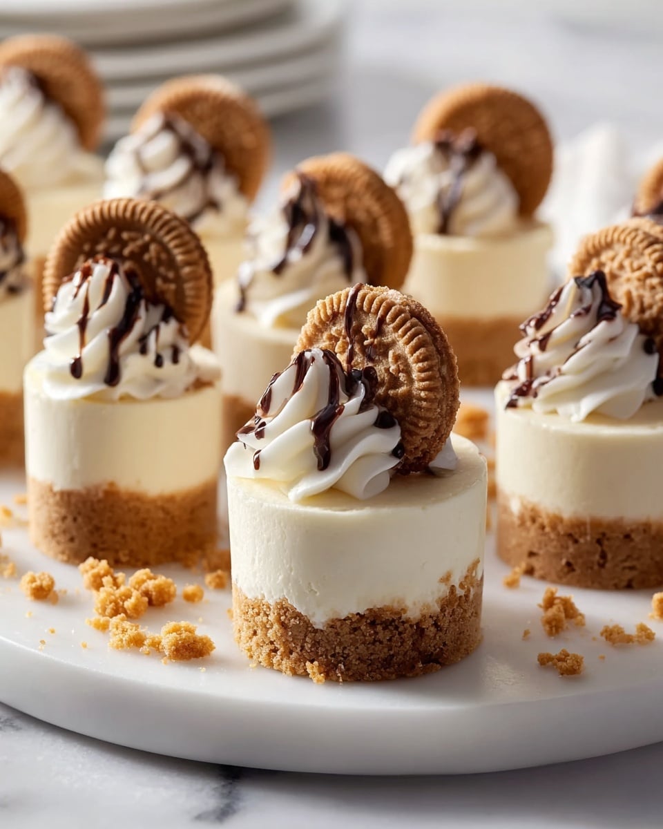 A pristine white serving platter displaying a full dozen of mini cheesecake desserts, each with a smooth, creamy white cheesecake layer atop a golden brown crumb crust base, beautifully adorned with a generous swirl of whipped cream and topped with a whole cookie drizzled in chocolate, scattered with cookie crumbs around the platter, shot from a 3/4 angle with natural lighting on a white marble background, styled as a professional food magazine hero shot, photo taken with an iphone --ar 4:5 --v 7