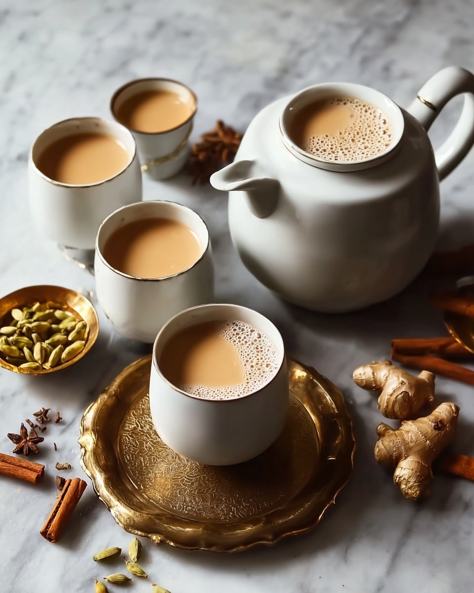 Large white ceramic teapot filled with steaming masala chai, surrounded by matching white cups arranged neatly on a white marble countertop, fresh spices such as cinnamon sticks, cardamom pods, and fresh ginger root scattered artfully around the teapot and cups, the whole scene illuminated by soft natural lighting to highlight the warm, creamy color of the tea, professional 3/4 angle food magazine hero shot, photo taken with an iphone --ar 4:5 --v 7