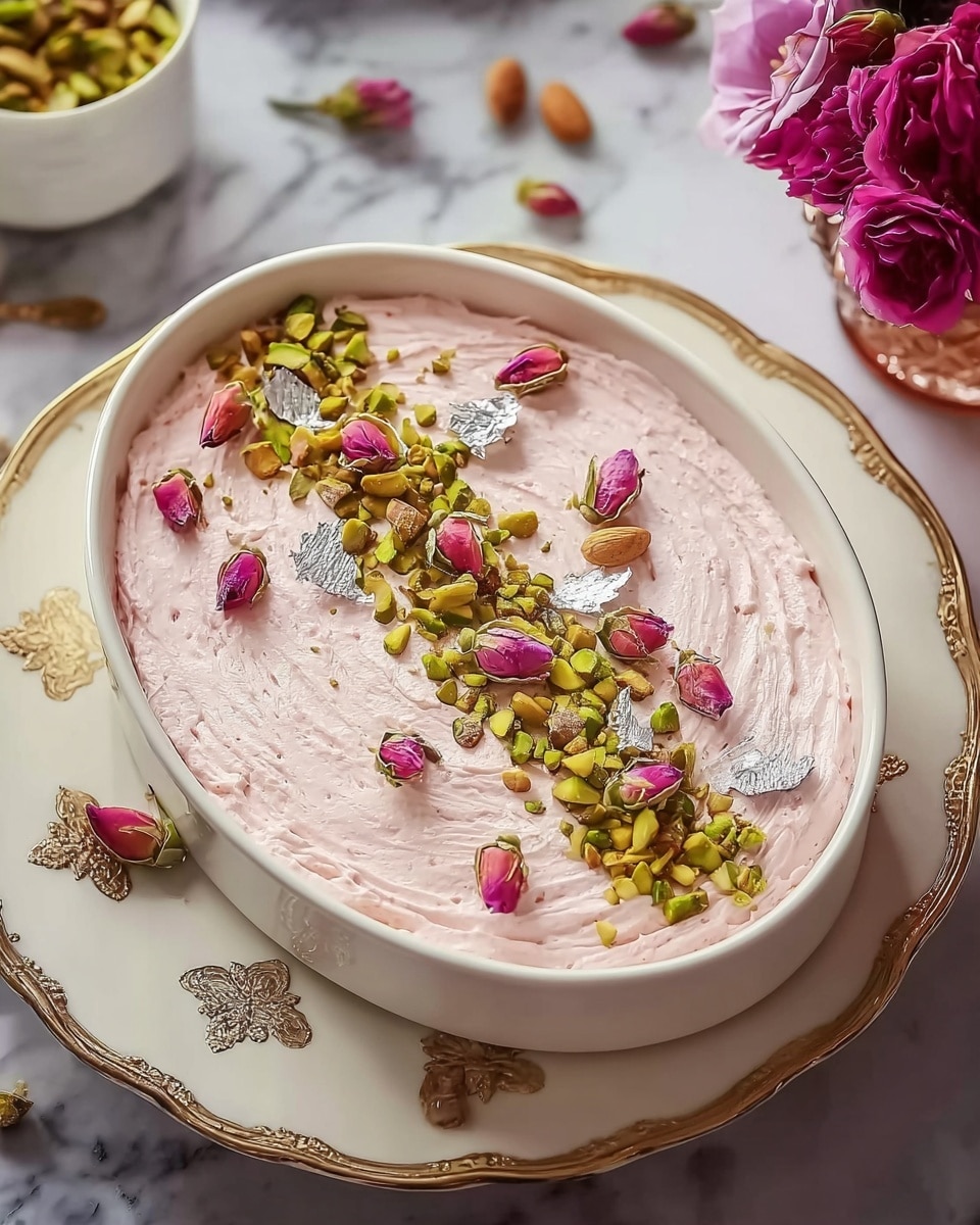 Oval white ceramic baking dish filled with a smooth, evenly spread pale pink rose-flavored cream dessert, topped with a central line of vibrant chopped pistachios, delicate pink rose petals, and silver-coated almonds, presented on a large white plate with ornate gold trim, set on a white marble countertop with natural lighting, styled as a complete whole dessert with elegant floral accents nearby, professional 3/4 angle food magazine hero shot photo taken with an iphone --ar 4:5 --v 7
