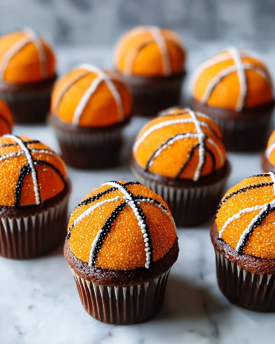 A white marble countertop showcasing an entire batch of freshly baked chocolate cupcakes in dark brown liners, each topped with perfectly domed bright orange frosting covered in sparkling sugar crystals, decorated with detailed basketball-themed piping lines in white and black icing, arranged neatly to fill the frame in a professional food styling shot, natural lighting enhancing the vivid colors and texture, photo taken with an iphone --ar 4:5 --v 7