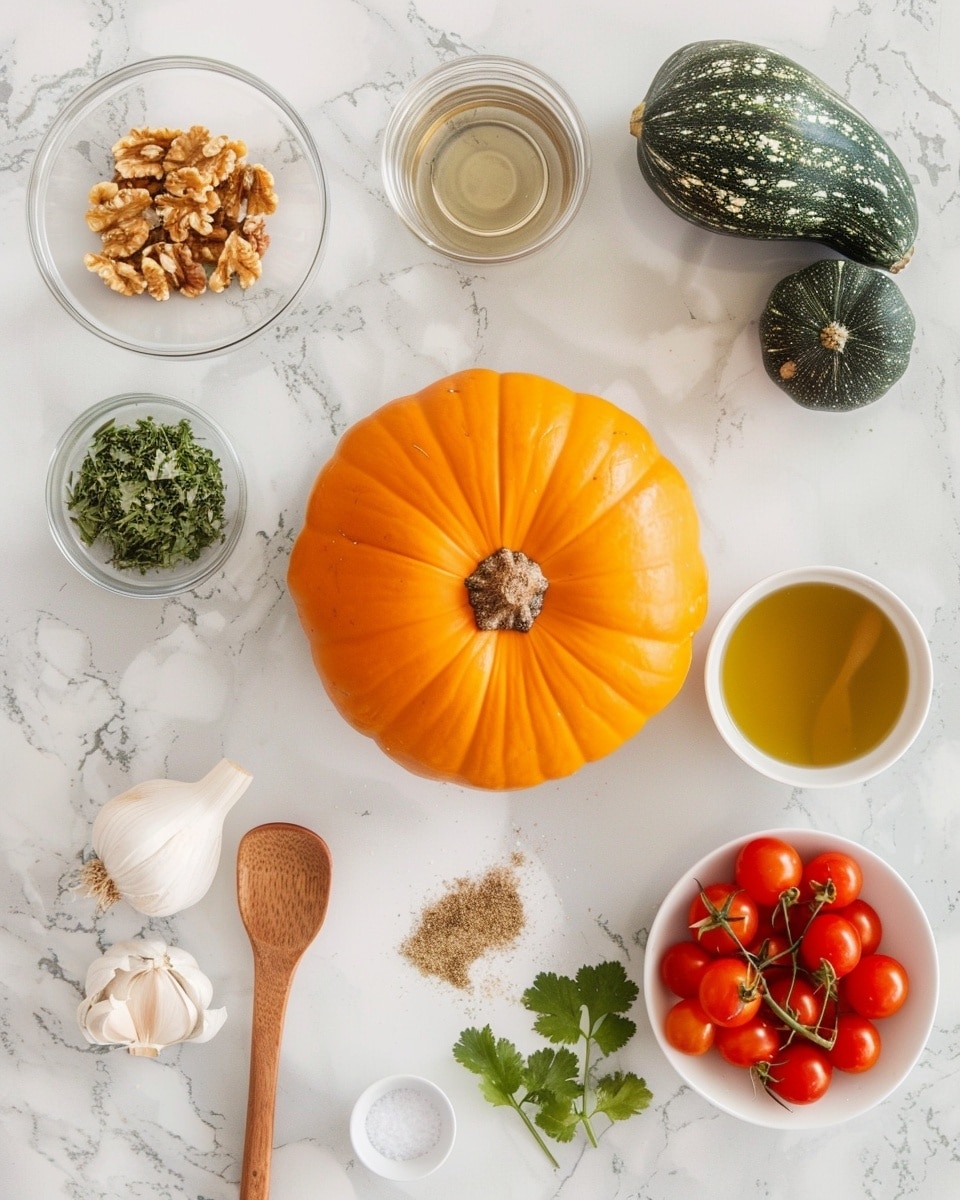 Single white plate with one generous portion of tender chicken and walnut stew served on a hollowed-out roasted pumpkin slice, close-up angled shot revealing the vibrant orange pumpkin flesh base layered with juicy cherry tomatoes, glossy chicken pieces, and chopped walnuts, garnished with fresh green basil leaves, placed on a white marble surface with natural light highlighting textures, styled as a ready-to-eat plated serving photo taken with an iphone --ar 4:5 --v 7