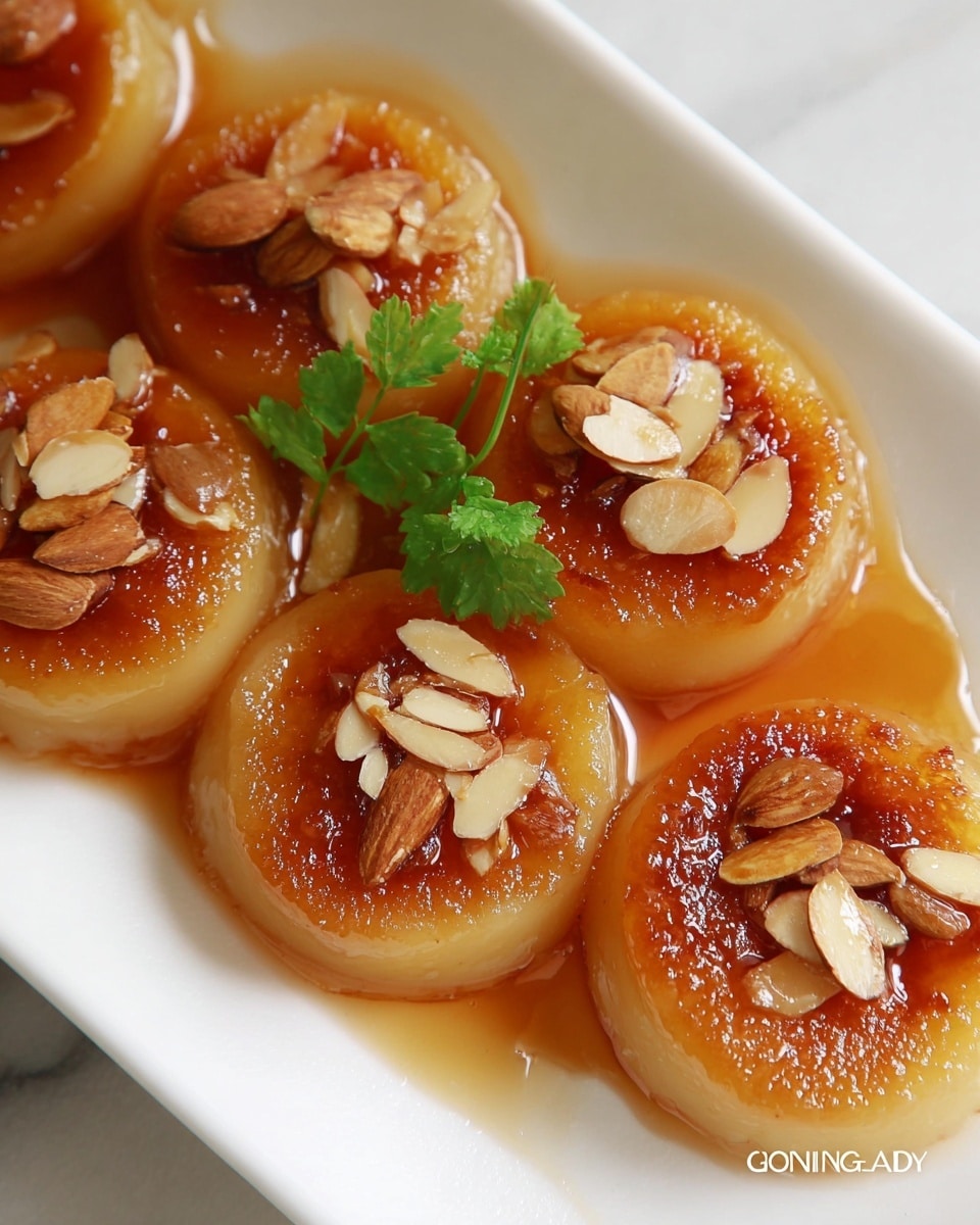 White serving plate filled with several whole golden-brown glutinous rice cakes topped with glossy caramelized syrup and a generous scattering of toasted almond slices, garnished with a sprig of fresh green herb, arranged neatly on a pristine white marble countertop under soft natural light, professional food magazine hero shot, photo taken with an iphone --ar 4:5 --v 7