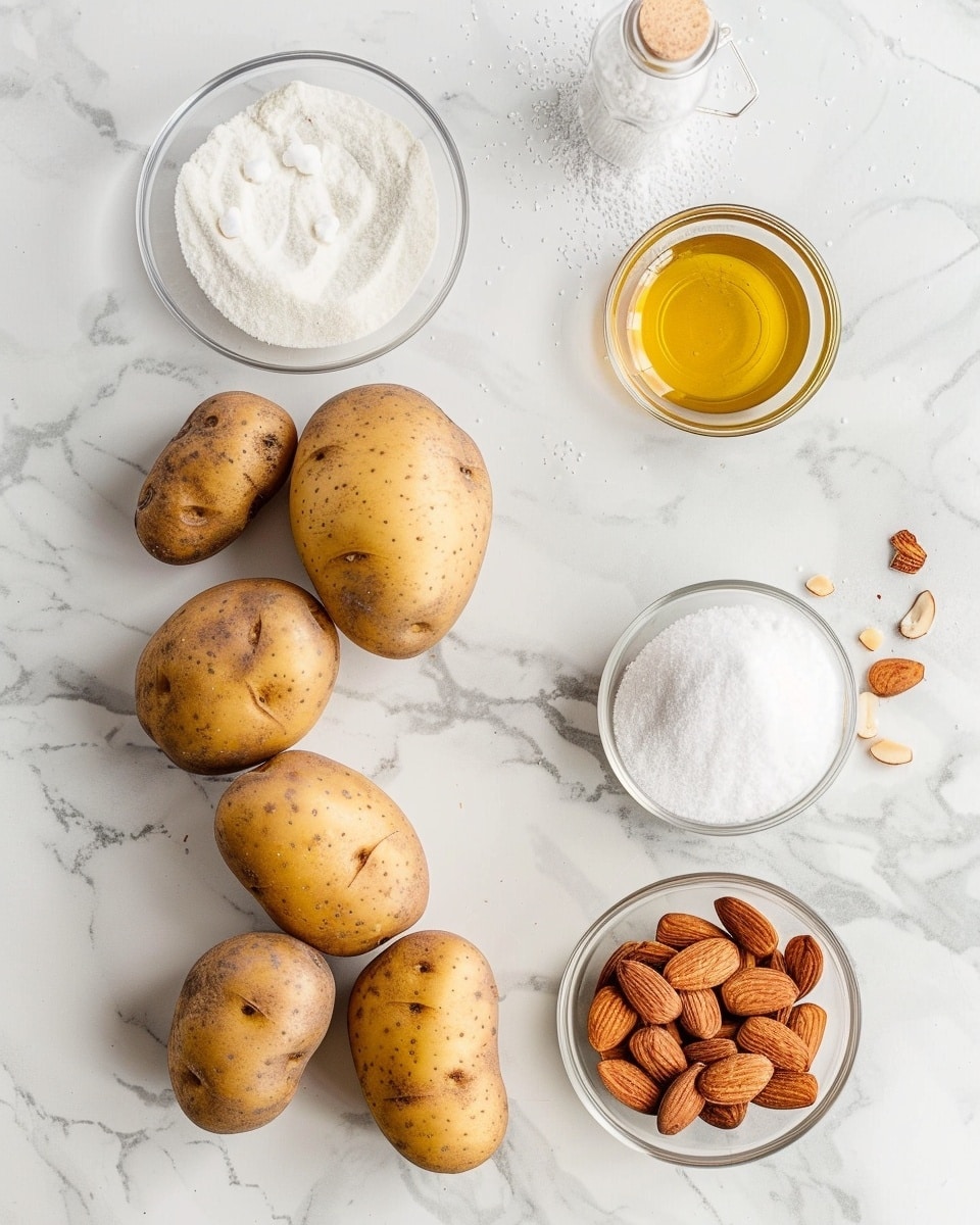 Single white plate featuring one golden, glossy Korean rice cake topped with thinly sliced toasted almonds, close-up angle capturing the chewy, slightly translucent texture of the cake’s interior and the caramelized sheen on the surface, garnished with a small sprig of fresh green herb, natural lighting highlighting the soft moisture and subtle gloss of the almond slices, placed on a white marble background, intimate plated serving photo taken with an iphone --ar 4:5 --v 7