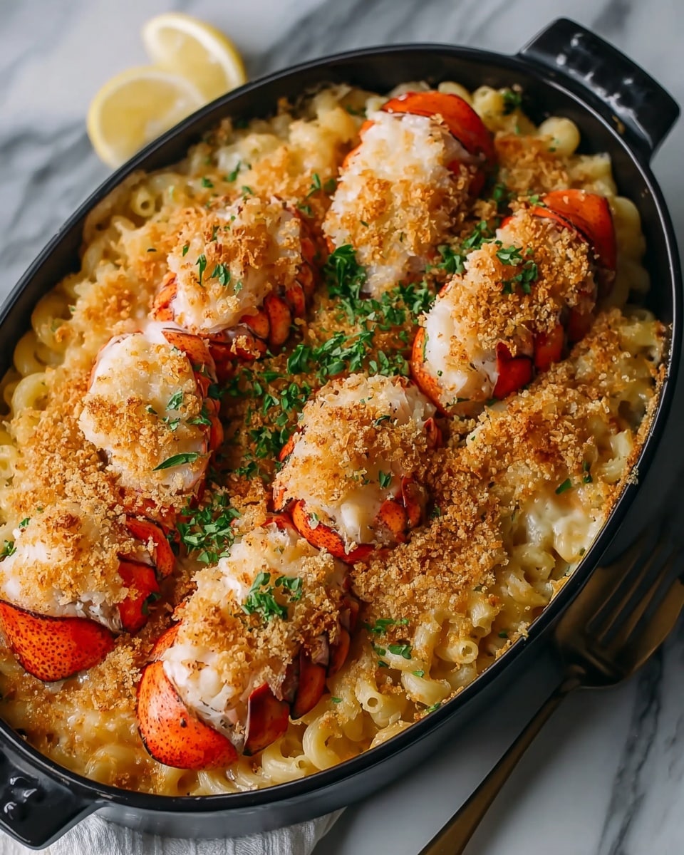 Oval black baking dish filled with a full lobster mac and cheese casserole, topped with six whole lobster tails nestled on a creamy cheese and pasta base, generously sprinkled with golden toasted breadcrumbs and garnished with fresh green herbs, entire dish framed in a professional 3/4 angle shot on a white marble background with natural lighting, styled like a hero shot from a food magazine, photo taken with an iphone --ar 4:5 --v 7