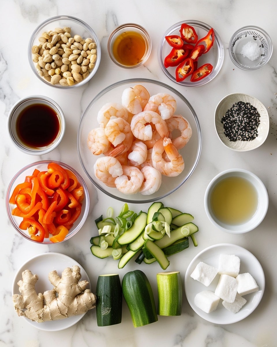 Single white bowl presenting a generous serving of spicy glazed shrimp stir-fry with vibrant red chili peppers and green onions, close-up angled shot highlighting the glossy sauce enveloping the tender shrimp, the rich colors of the chilies and fresh scallions adding contrast and texture, placed on a white marble surface under natural lighting, styled as an intimate ready-to-eat portion photo taken with an iphone --ar 4:5 --v 7