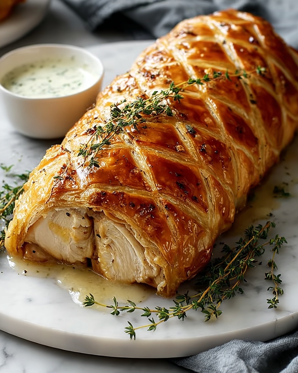 Whole golden brown Wellington pastry wrapped chicken roast on a large white serving platter, perfectly sealed with delicate lattice patterns on top, garnished with fresh thyme sprigs, the crisp flaky crust glistening under natural light, displayed with a small white bowl of creamy herb sauce beside it, photographed at a 3/4 angle on a white marble countertop, professional food magazine hero shot photo taken with an iphone --ar 4:5 --v 7