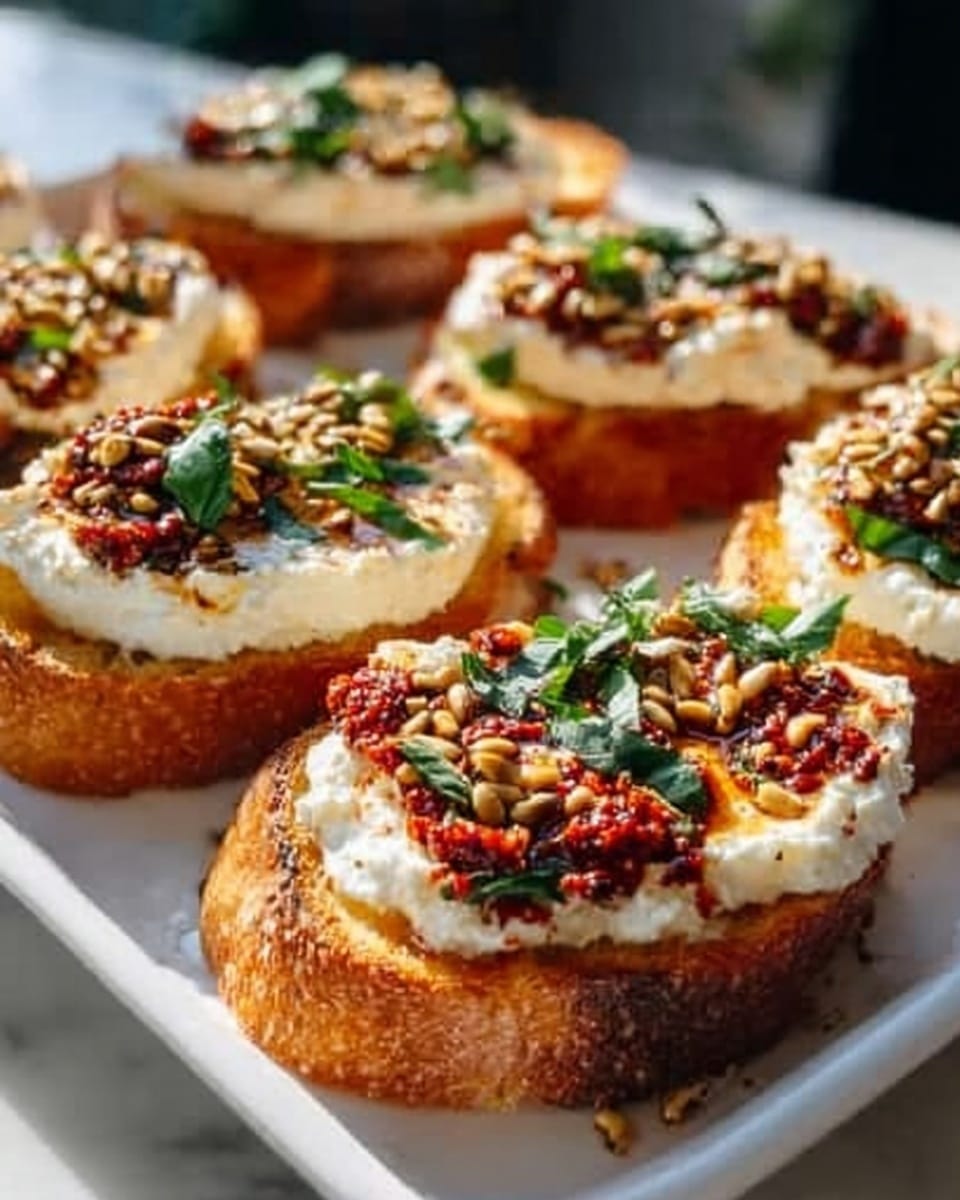 A large white rectangular serving platter filled with multiple whole slices of toasted rustic bread, each topped generously with creamy ricotta cheese, a vibrant spread of roasted red pepper paste, fresh basil leaves, and a sprinkling of toasted sunflower seeds and chili flakes. The full arrangement showcases the hearty texture of the bread and the colorful, layered toppings, styled as a complete, inviting appetizer selection. The photo is taken from a professional 3/4 angle on a white marble countertop under natural lighting, capturing the entire dish in sharp focus, like a hero shot from a food magazine. Photo taken with an iphone --ar 4:5 --v 7