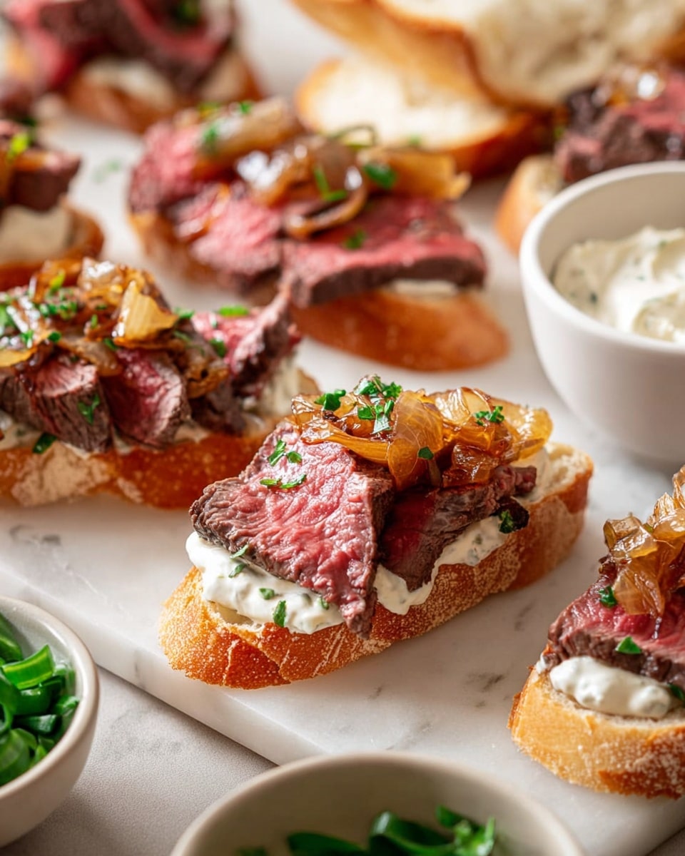 Large white serving board filled with an array of open-faced roast beef sandwiches on thick slices of crusty bread, topped with creamy horseradish sauce, tender, medium-rare roast beef slices, caramelized onions, and sprinkled fresh herbs, accompanied by bowls of extra sauce and chopped greens, whole dish photographed from a 3/4 angle on a white marble countertop, natural lighting, professional food magazine hero shot photo taken with an iphone --ar 4:5 --v 7