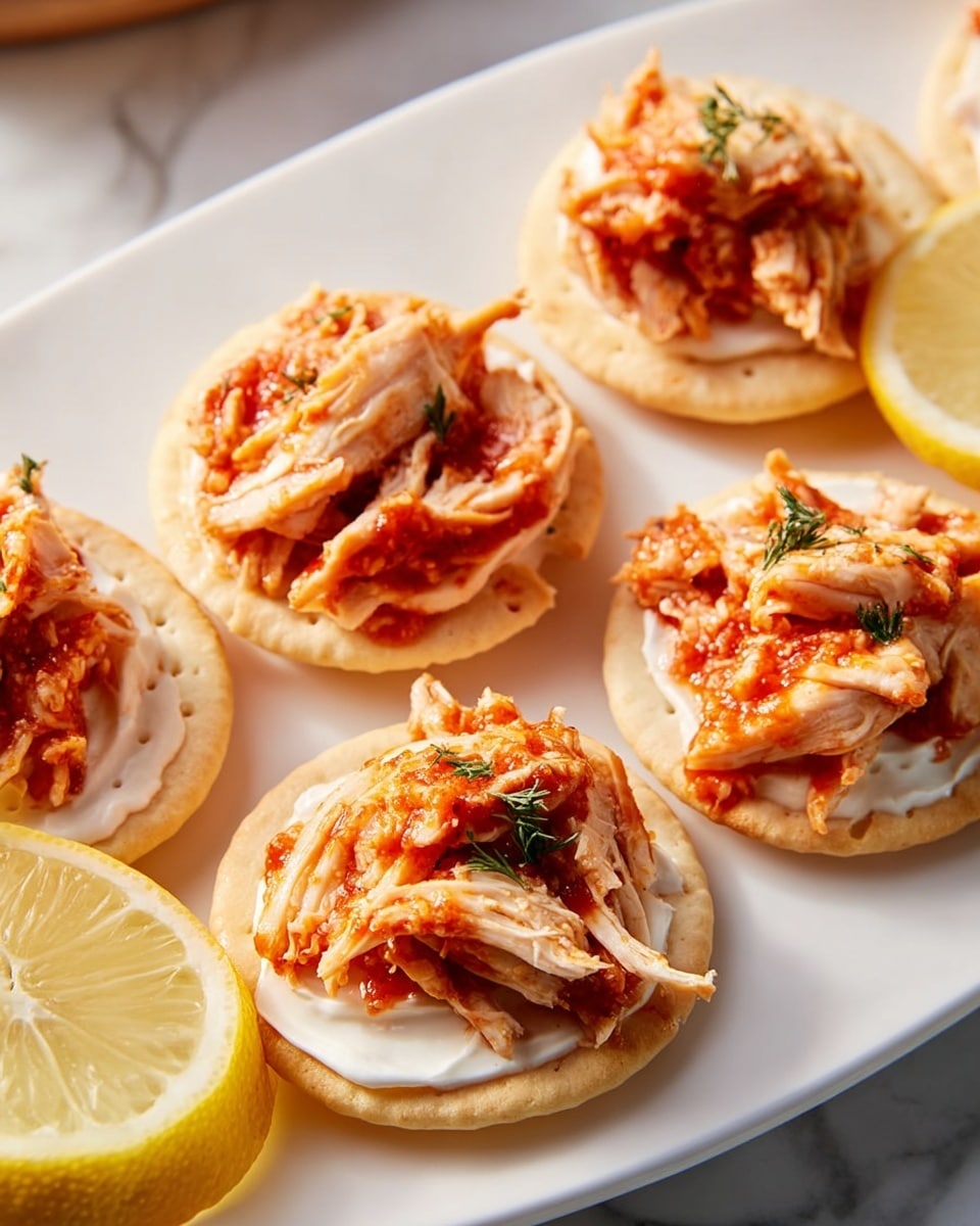 Large white round plate filled with a full arrangement of several small round crackers topped generously with shredded cooked chicken mixed with a vibrant red tomato-based sauce, each cracker layered with a smooth white creamy spread beneath the chicken, accompanied by lemon halves on the side, all displayed on a white marble countertop under natural lighting, professional 3/4 angle food magazine hero shot photo taken with an iphone --ar 4:5 --v 7