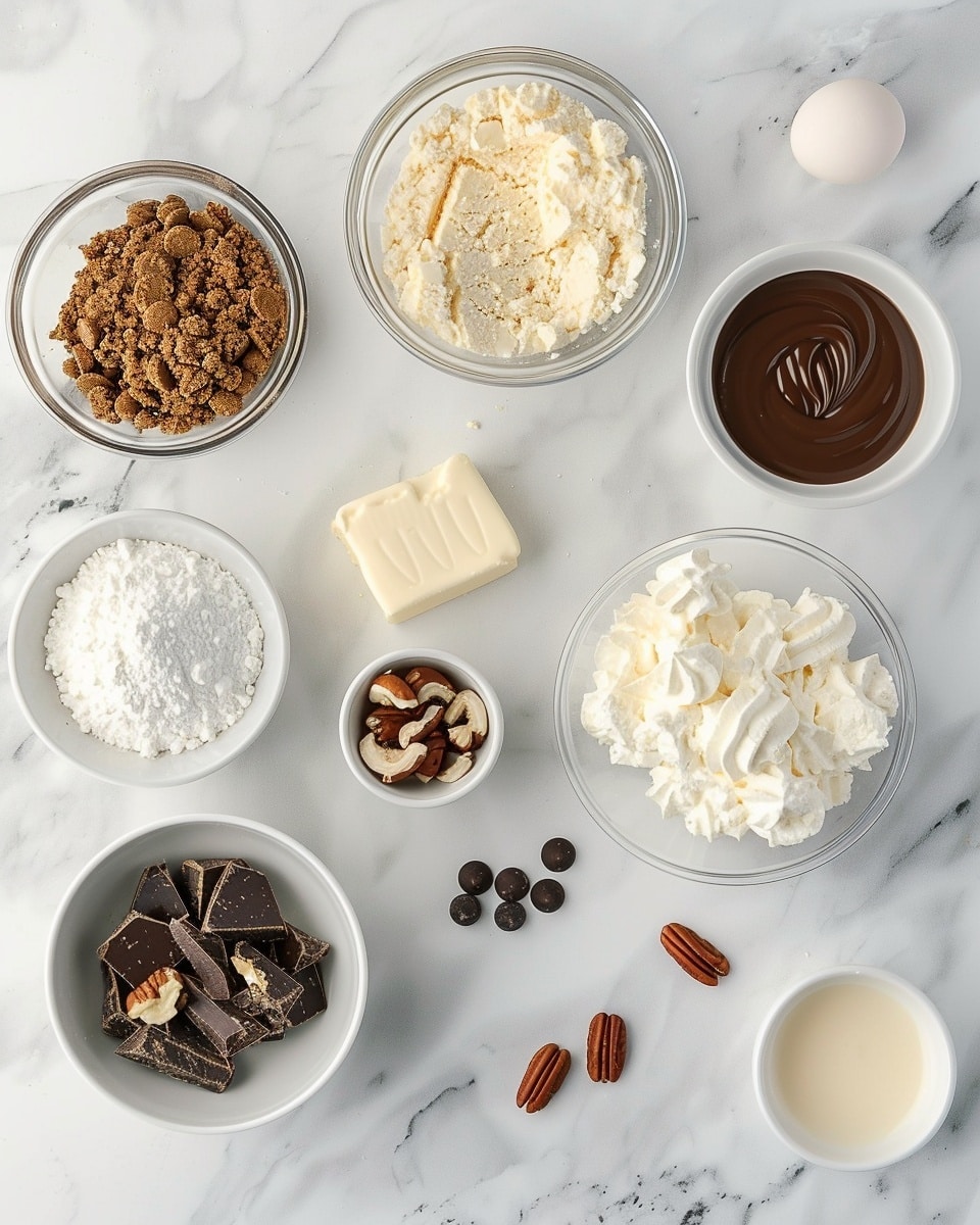 Single white plate with one slice of layered dessert featuring creamy filling interspersed with bits of nuts and chocolate chunks, topped with a glossy layer of dark chocolate ganache and a generous sprinkle of whole and chopped pecans, caramel sauce oozing down the sides, close-up angle revealing the textured interior layers and smooth topping, natural light highlighting the rich textures, placed on white marble surface, intimate plated serving photo taken with an iphone --ar 4:5 --v 7