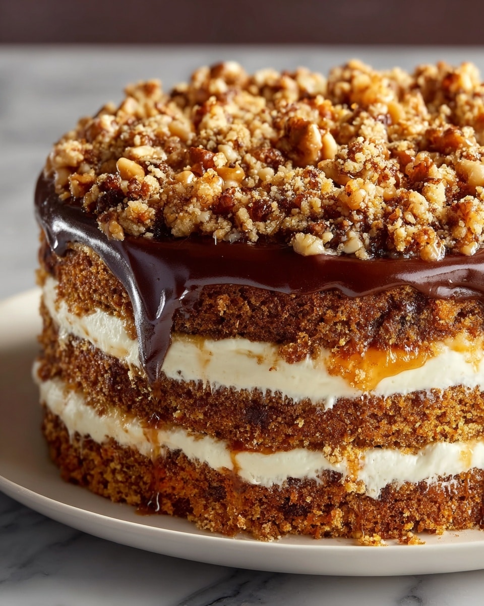 A whole, uncut layered cake presented on a large white plate, showcasing a rich, moist carrot cake base interspersed with creamy layers of frosting, topped with a generous thick spread of smooth chocolate ganache and a crunchy, caramelized nut crumble that glistens invitingly under natural light, photographed from a 3/4 angle on a white marble countertop, styled as a professional food magazine hero shot, photo taken with an iphone --ar 4:5 --v 7