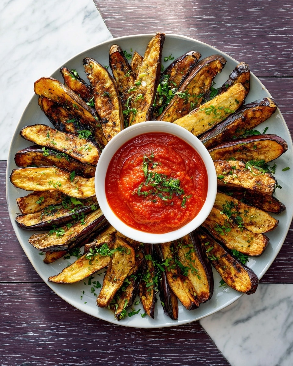 Large white platter featuring an entire arrangement of golden-brown roasted eggplant wedges encircling a white bowl filled with vibrant red marinara sauce, garnished with freshly chopped green herbs scattered over the eggplant and sauce, presented on a white marble countertop with natural lighting, professional elevated 3/4 angle food magazine hero shot, photo taken with an iphone --ar 4:5 --v 7