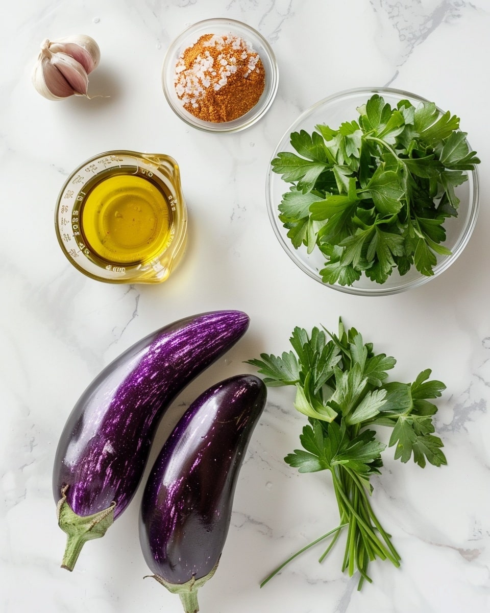 Single white plate featuring a modest portion of roasted eggplant wedges arranged casually beside a small bowl of rich red tomato dipping sauce, fresh chopped parsley sprinkled over the tender, caramelized eggplant surfaces revealing a soft, spongy interior, close-up angled shot capturing the contrast between the charred skins and golden flesh, set on a clean white marble background with natural light highlighting textures, styled as a ready-to-eat plated serving photo taken with an iphone --ar 4:5 --v 7