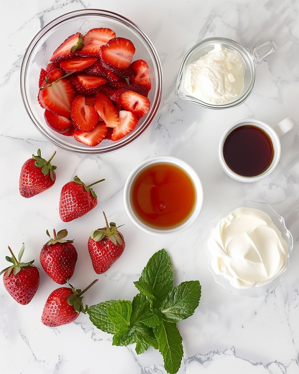 Single white glass bowl with a close-up view of a creamy strawberry parfait, showcasing layers of smooth white yogurt and vibrant red strawberry slices with one fanned strawberry and a fresh green mint leaf garnish on top, set against a crisp white marble background with natural lighting, styled like an individual serving from a food blog, photo taken with an iphone --ar 4:5 --v 7