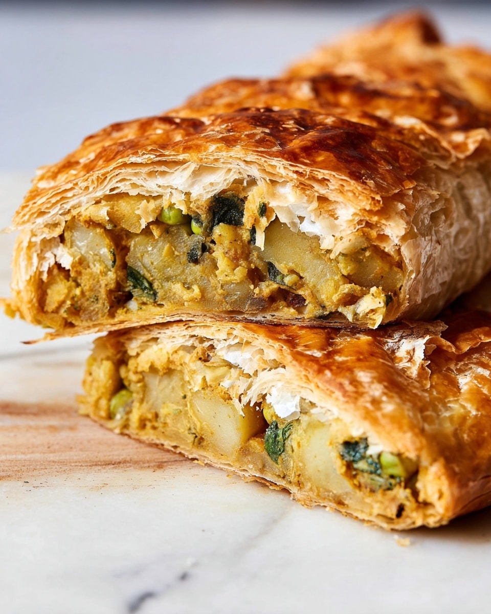 A whole large golden-brown flaky pastry filled with a rich mixture of spiced potatoes, peas, and leafy greens, perfectly baked to showcase its crisp, layered exterior and hearty vegetable filling inside, presented uncut on a clean white serving platter to highlight its texture and colors, photographed from a 3/4 angle against a white marble background with natural lighting, styled to resemble a hero shot from a food magazine, photo taken with an iphone --ar 4:5 --v 7