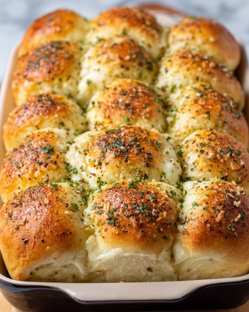 A full white rectangular baking dish filled with freshly baked pull-apart garlic and herb dinner rolls, perfectly golden brown with a slightly crisp top sprinkled generously with finely chopped parsley and coarse black pepper, each roll puffed up and soft, arranged tightly together showcasing the entire batch, shot at a 3/4 angle on a white marble countertop with natural lighting highlighting the warm texture and inviting aroma, professional food magazine style photo taken with an iphone --ar 4:5 --v 7