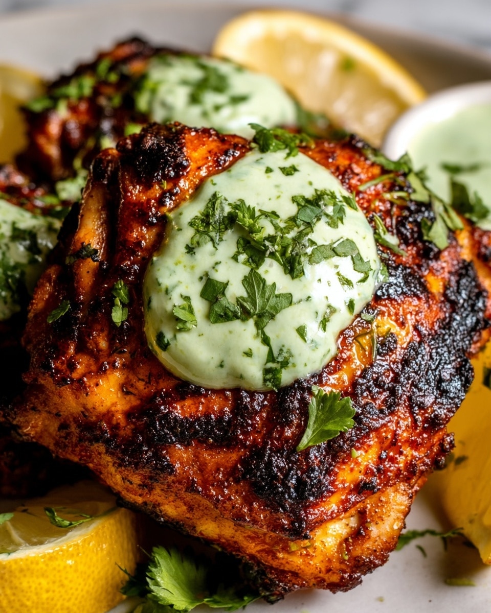 Large white serving platter piled high with char-grilled tandoori chicken thighs, richly coated in a vibrant orange-red marinade with char marks visible, each piece topped with a dollop of creamy green herb yogurt sauce and sprinkled generously with fresh chopped cilantro, garnished with fresh lemon wedges nestled around the chicken, whole dish beautifully styled and shot from a 3/4 angle on a white marble surface under natural lighting, professional food magazine hero shot photo taken with an iphone --ar 4:5 --v 7