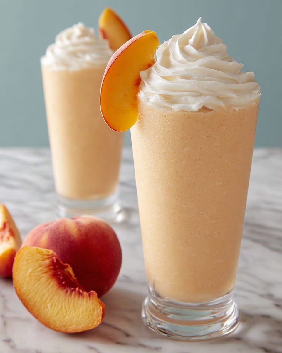 Two tall white glasses filled with creamy, peach-colored smoothie topped with generous swirls of whipped cream, each glass garnished with a slice of fresh peach and colorful paper straws, set on a white surface with whole peaches arranged artfully around, photographed from a 3/4 angle on a white marble background with natural lighting, professional food magazine style photo taken with an iphone --ar 4:5 --v 7