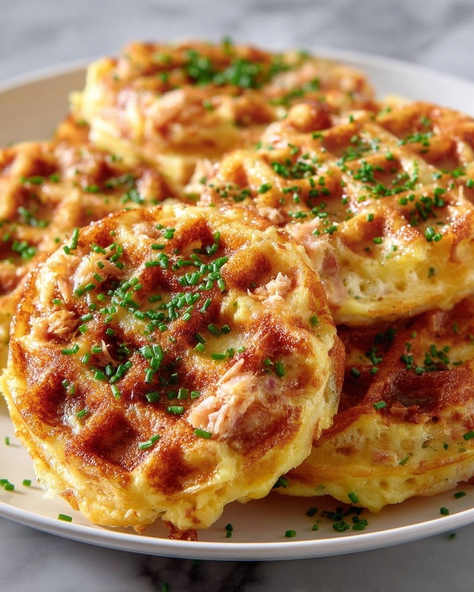 A pristine white plate generously piled with multiple golden-brown cheesy waffles infused with tender tuna flakes, each waffle perfectly round with a crisp, caramelized crust and sprinkled abundantly with finely chopped fresh chives, capturing the warm, cheesy texture and rich savory flavor, whole dish beautifully styled and photographed from a close 3/4 angle on a white marble surface under natural lighting, professional food magazine hero shot photo taken with an iphone --ar 4:5 --v 7