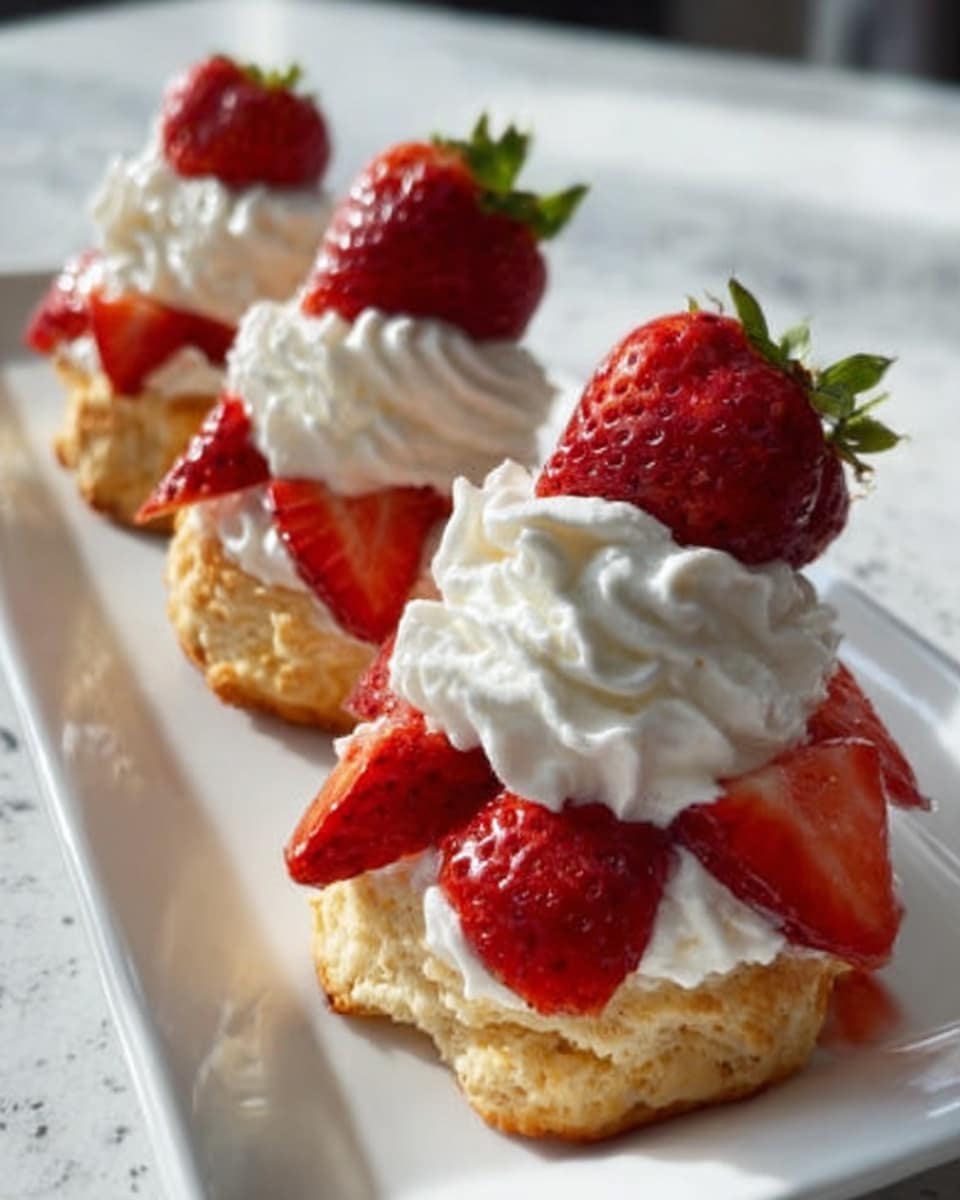 A pristine white rectangular serving platter filled with a neat row of four whole classic strawberry shortcakes, each featuring a full, fluffy golden biscuit base topped generously with fresh halved strawberries and large, perfectly dolloped clouds of whipped cream, set against a white marble background with natural lighting that highlights the textures and colors vividly, styled as an elegant hero shot reminiscent of a gourmet food magazine, photo taken with an iphone --ar 4:5 --v 7
