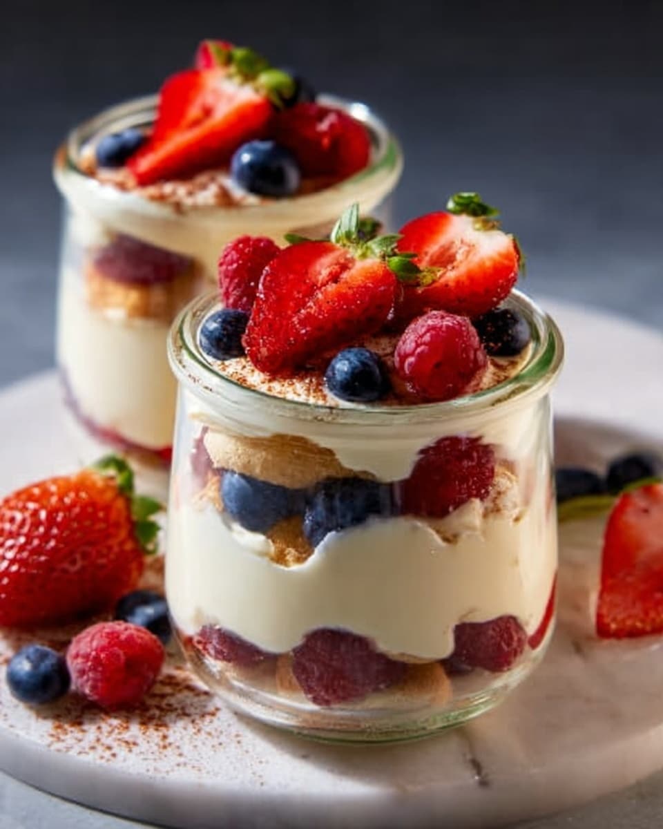 Two large white glass jars filled with creamy tiramisu layered with espresso-soaked ladyfingers and mascarpone cream, topped generously with fresh whole strawberries, raspberries, and blueberries, all arranged on a white marble surface with natural lighting, captured from a 3/4 angle to showcase the full dessert presentation, professional food magazine style photo taken with an iphone --ar 4:5 --v 7