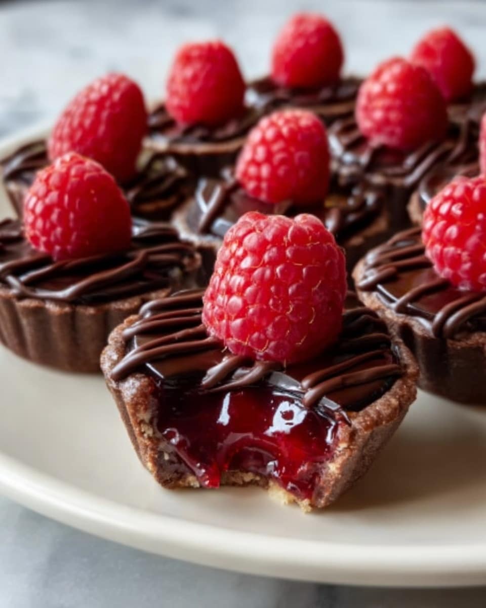 A pristine white plate fully arranged with a complete batch of small chocolate tartlets, each topped with a fresh plump raspberry and delicate drizzle of rich dark chocolate, the tartlet shells perfectly formed and filled with glossy, vibrant red raspberry jam visible through translucent shine, all tartlets evenly presented in a circular pattern, shot from a professional 3/4 angle over a white marble surface under soft natural lighting, capturing the inviting textures and vivid colors like a hero shot from a food magazine, photo taken with an iphone --ar 4:5 --v 7