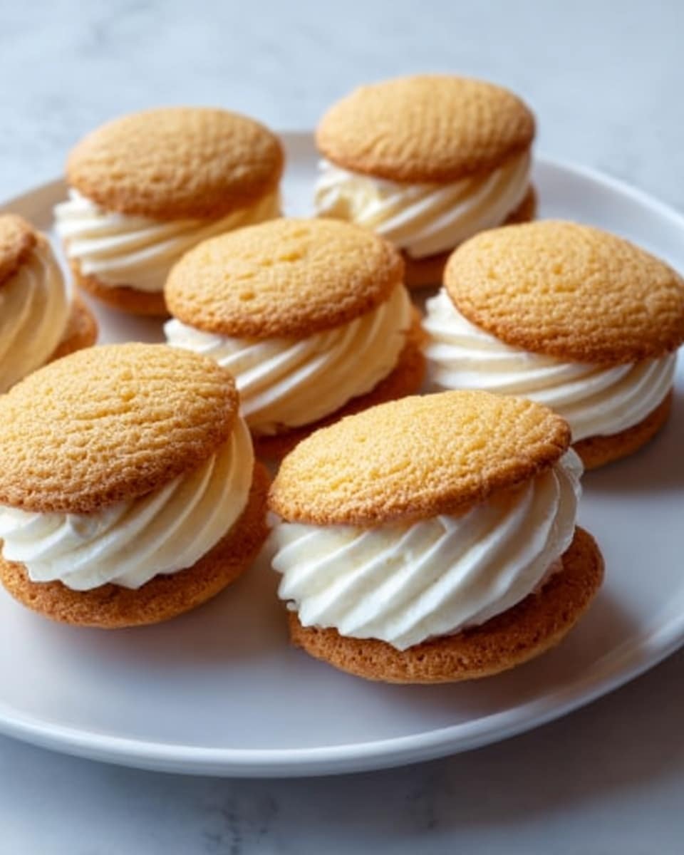 White round plate showcasing a full dozen of delicate, golden brown cream-filled sandwich cookies, each generously piped with smooth, fluffy white cream, arranged neatly and evenly spaced to exhibit their uniform shape and creamy filling, set on a white marble surface with natural lighting, styled to highlight the texture and inviting appearance of the complete batch, professional food magazine hero shot, photo taken with an iphone --ar 4:5 --v 7