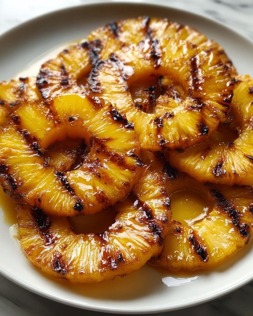 Large white serving plate filled with multiple golden grilled pineapple rings, glistening with caramelized juices and char marks arranged neatly and overlapping slightly, showcasing a vibrant yellow fruit texture with a shiny glaze, whole dish photographed from a close 3/4 angle on white marble countertop, natural lighting, professional food magazine hero shot photo taken with an iphone --ar 4:5 --v 7