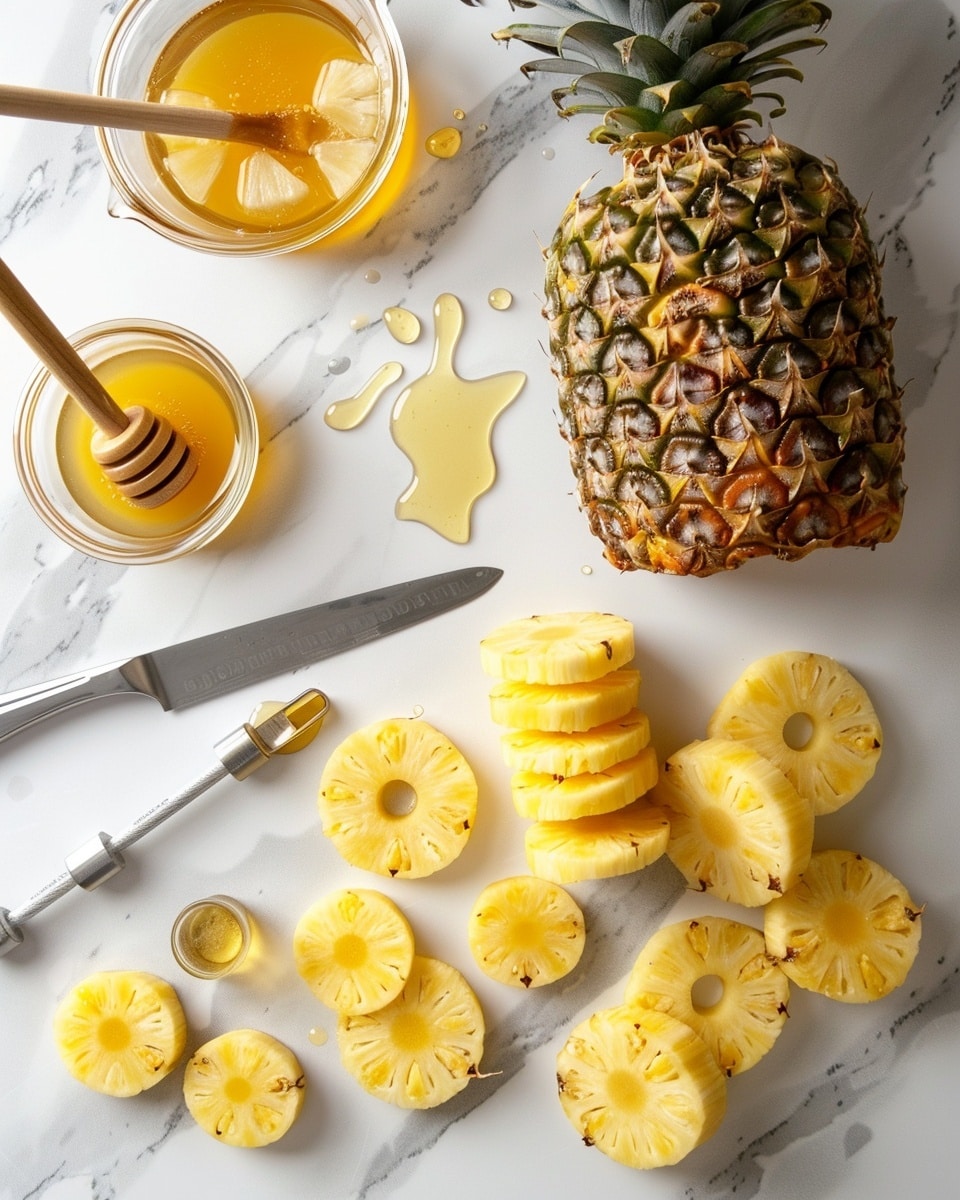 Single white plate with one grilled pineapple ring glistening with caramelized edges and dark charred grill marks, juicy interior texture visible with light syrup pooling around base, close-up angled shot emphasizing the golden-yellow tones and glossy surface, natural lighting highlighting the fresh fruit's vibrant colors, placed on white marble background, intimate plated serving photo taken with an iphone --ar 4:5 --v 7