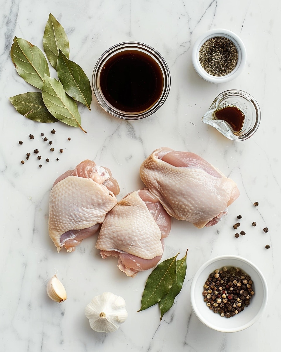 Single white plate featuring a plated portion of richly glazed chicken pieces coated in a dark, glossy sauce with visible black pepper flakes and sautéed bay leaves resting on top, close-up angled view emphasizing the succulent, tender texture and caramelized edges of the chicken, with the sauce pooling slightly beneath, set against a white marble background under natural daylight, styled like a food blog serving ready to eat, photo taken with an iphone --ar 4:5 --v 7