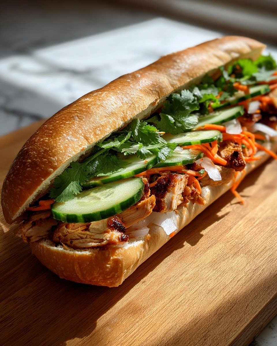Long white baguette sandwich fully stuffed with grilled, juicy chicken pieces, topped with fresh cucumber slices, shredded carrots, onions, and vibrant cilantro leaves, displayed whole on a wooden surface, natural sunlight highlighting the textures, shot in a 3/4 angle with a clean white marble background, professional food magazine style photo taken with an iphone --ar 4:5 --v 7