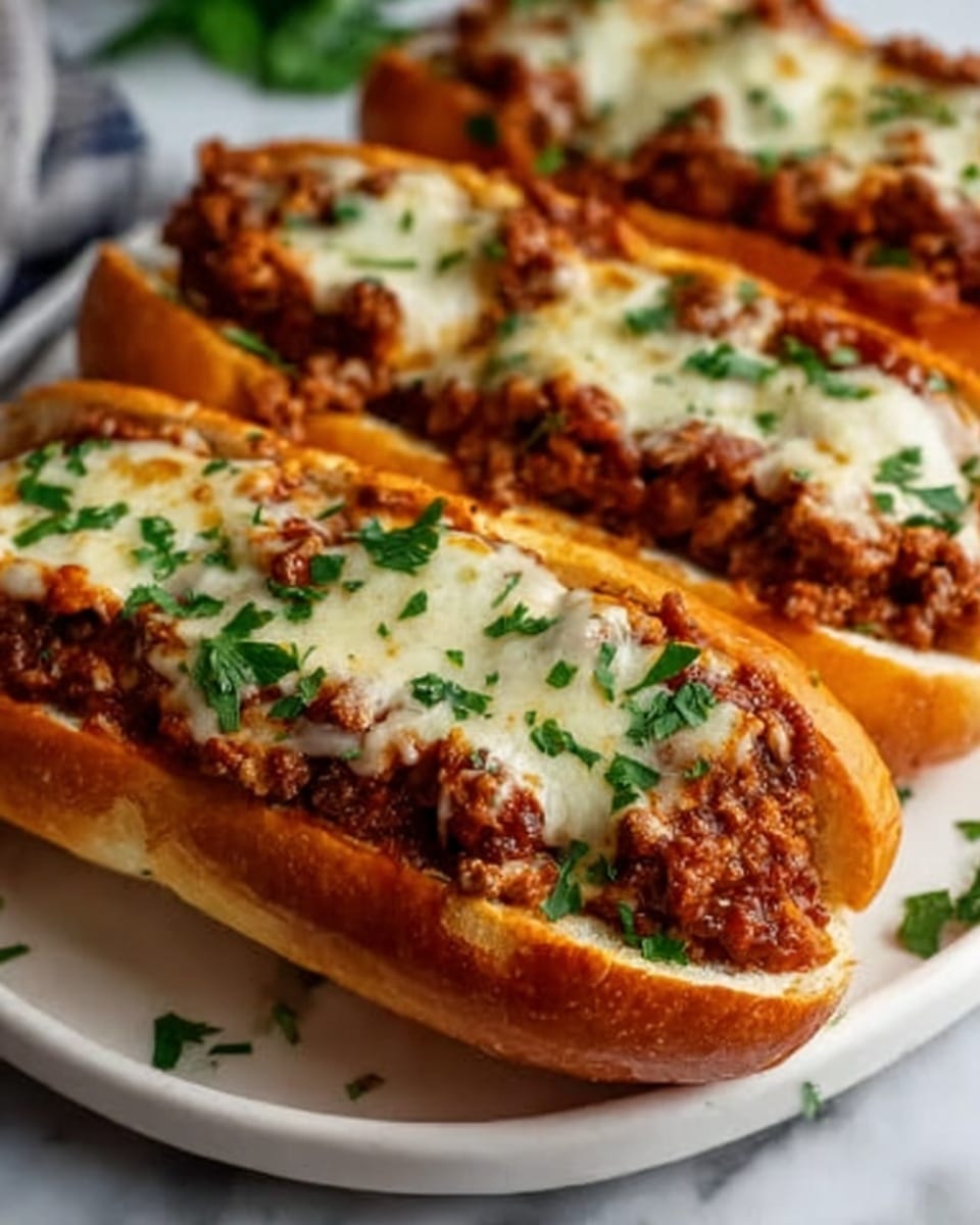 White serving platter beautifully arranged with multiple large sub sandwiches filled generously with savory ground beef marinara sauce, melted mozzarella cheese bubbling on top, and fresh chopped parsley sprinkled over the entire display, presented whole with all subs intact, captured in a professional 3/4 angle shot on a white marble background with natural lighting to emphasize the rich textures and vibrant colors, styled like a hero food magazine photograph, photo taken with an iphone --ar 4:5 --v 7