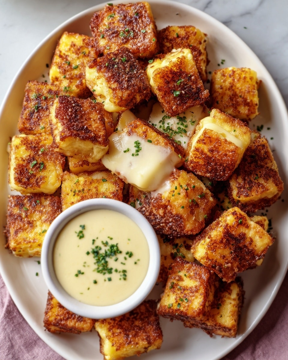 Large white serving platter filled with an entire batch of golden-brown, crispy fried cheese cubes sprinkled with finely chopped fresh herbs, accompanied by a small white bowl of creamy dipping sauce in the center, all presented on a white marble countertop under natural lighting, professional food magazine-style hero shot, photo taken with an iphone --ar 4:5 --v 7