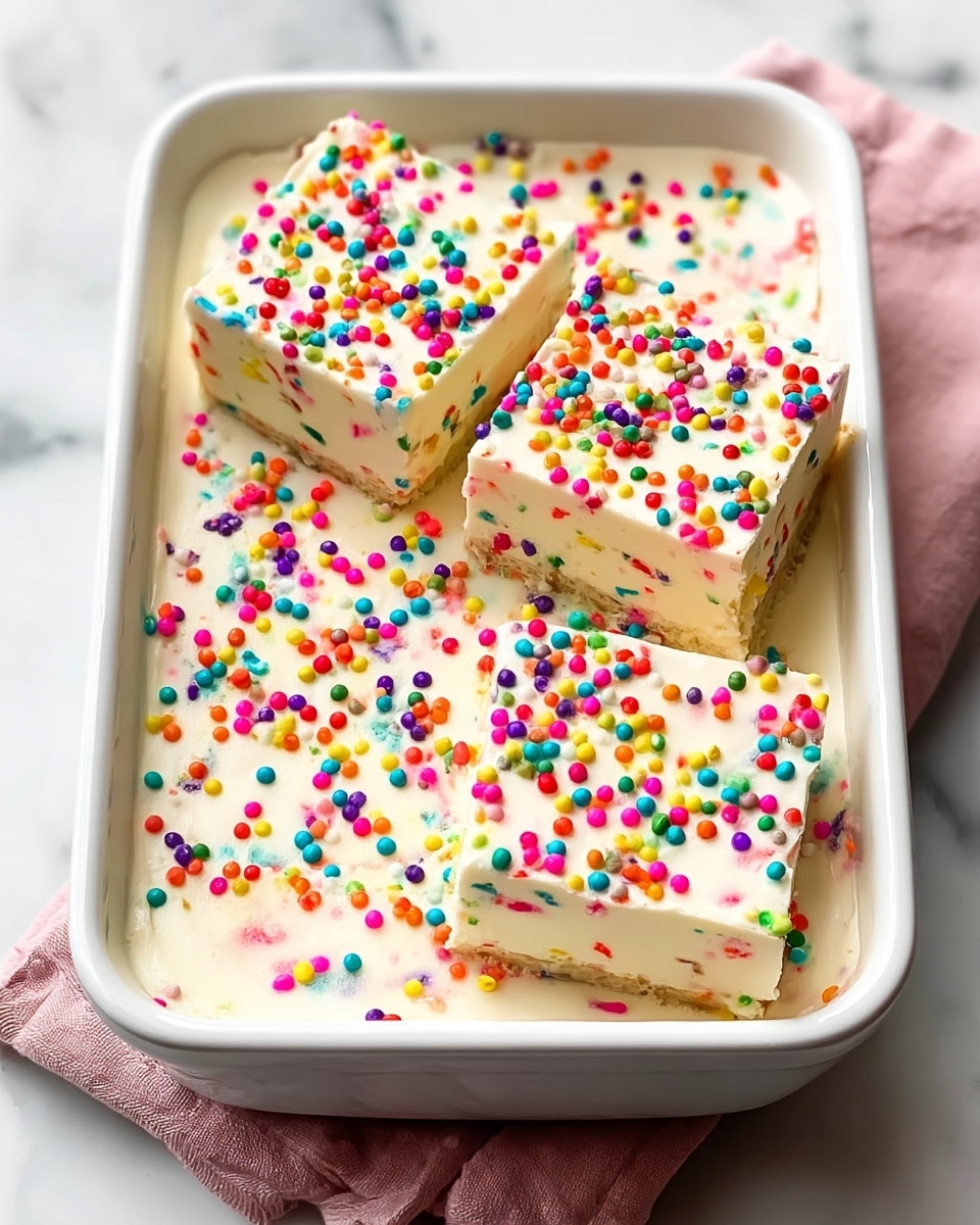 A full rectangular white ceramic baking dish filled with an uncut funfetti cheesecake, smooth creamy white cheesecake studded with colorful rainbow sprinkles throughout, topped evenly with a generous layer of bright multicolored round sprinkles, sitting on a pristine white marble countertop, photographed from a 3/4 angle with natural lighting, styled like a high-end food magazine hero shot, photo taken with an iphone --ar 4:5 --v 7