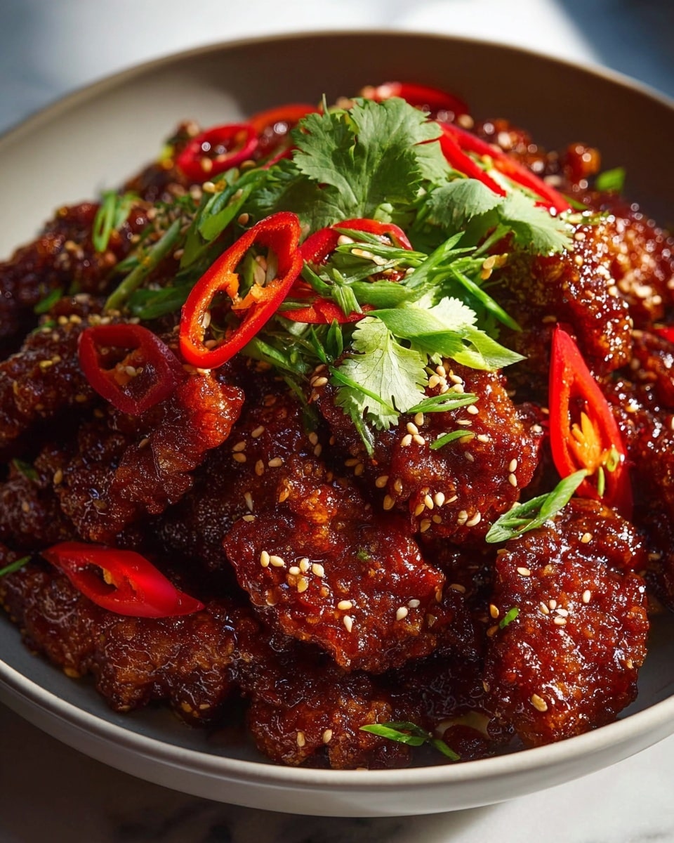 Large white serving bowl filled with a generous portion of spicy Korean fried chicken glazed with a shiny, rich, dark red chili sauce, topped with thinly sliced fresh red chili peppers, green scallions, bright green cilantro leaves, and sprinkled with toasted sesame seeds, whole dish photographed at a 3/4 angle on a white marble countertop with natural lighting, professional food styling photo taken with an iphone --ar 4:5 --v 7